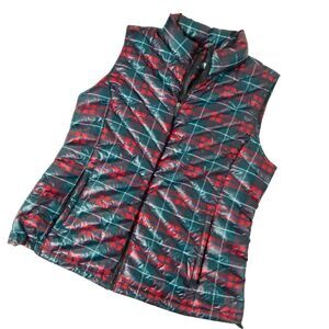 BASS OUTDOOR Down Puffer Vest Womens Large Red Green Plaid Quilted Zip